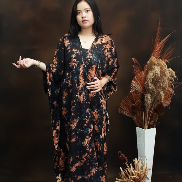 0141/ Black Brown Tie Dye Long kaftan - Picture 2 of 14